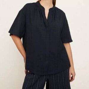 Vince Shirred Band Collar Blouse Top Size 1X Short Sleeves Button Up Linen Blend